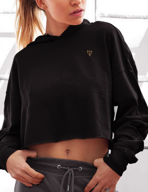 Planet Neptune Embroidery Cropped Hoodie Black Model