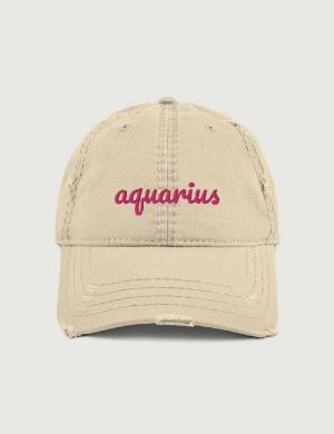 Aquarius Fancy font distressed vintage cap Khaki