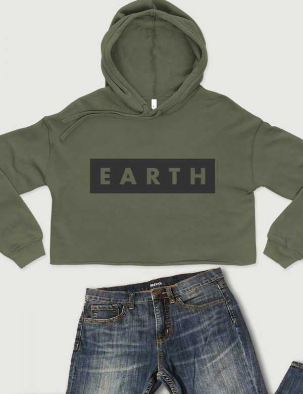Planet Earth Printed Font Cropped Hoodie Flat Military Green