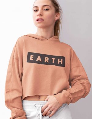 Planet Earth Printed Font Cropped Hoodie Model Peach