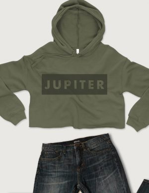 Planet Jupiter Printed Font Cropped Hoodie Military Green