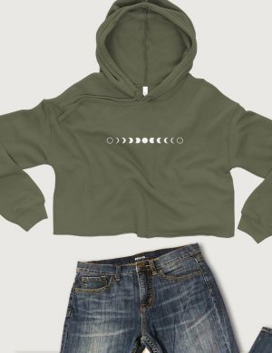 Moon Phase Printed Font Cropped Hoodie Military Green