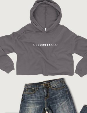 Moon Phase Printed Font Cropped Hoodie Storm