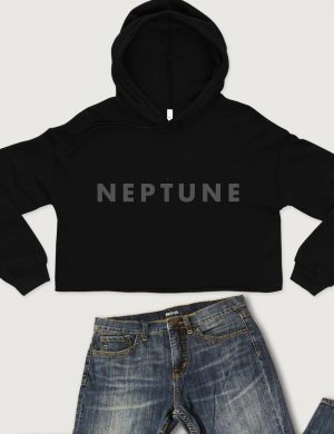 Planet Neptune Printed Font Cropped Hoodie Black