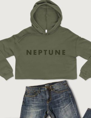 Planet Neptune Printed Font Cropped Hoodie Military Green