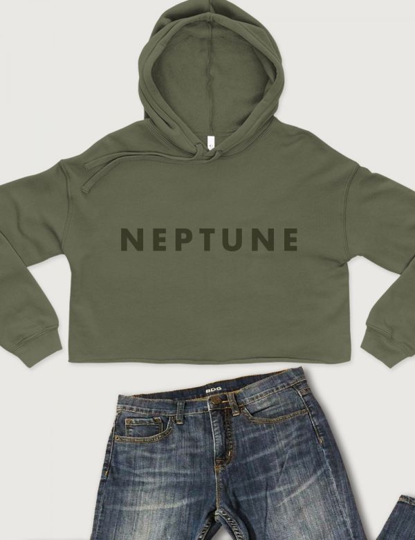 Planet Neptune Printed Font Cropped Hoodie Military Green