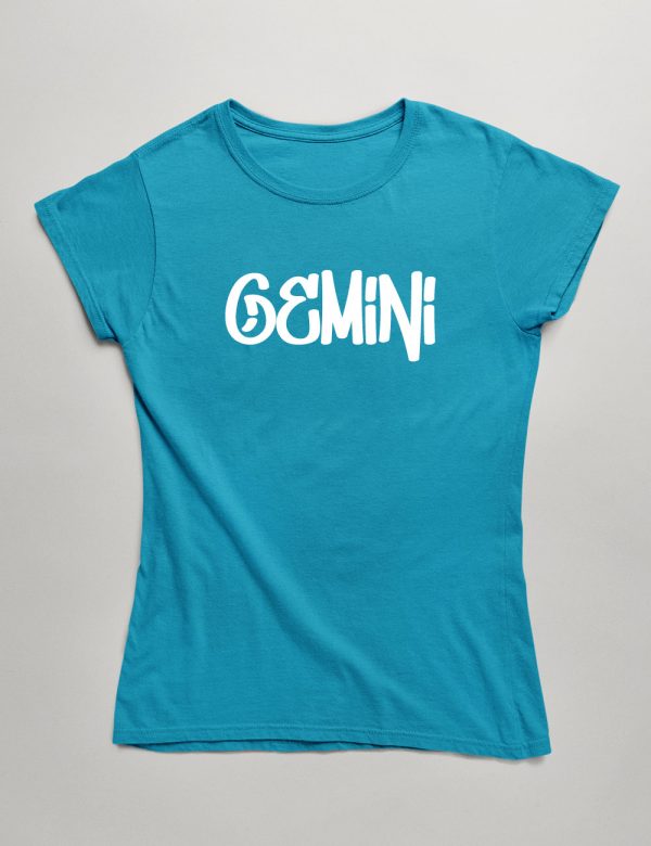 Womens Fashion fit T-Shirt Graffiti Font Gemini Front Carribean Blue