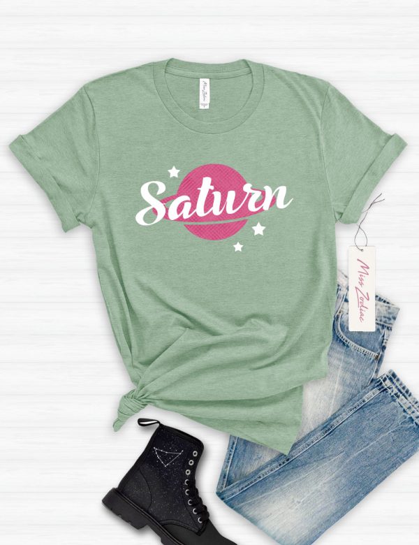 Planet Saturn Retro, Vintage Astrology Tshirt, 100% Cotton Big T-Shirt Heather Prism Mint