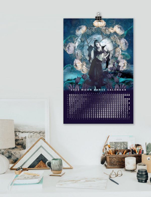 Miss Zodiac Original 2021 Moon Calendar w Goddess of the Moon Print 12 x 18 inch on the wall