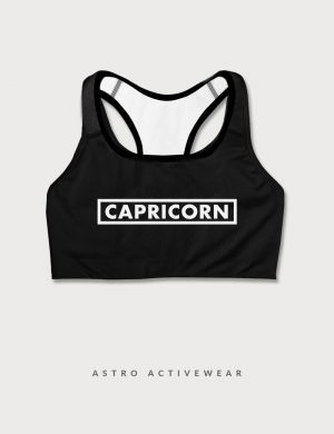 Capricorn Star Sign Font Striped Trainer Printed Sports Bra Black Front