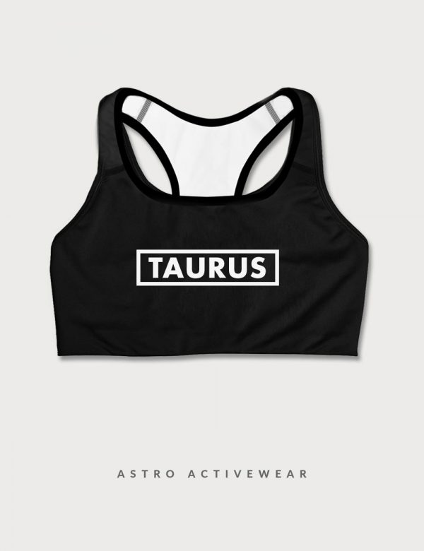 Taurus Star Sign Font Striped Trainer Printed Sports Bra Black Front