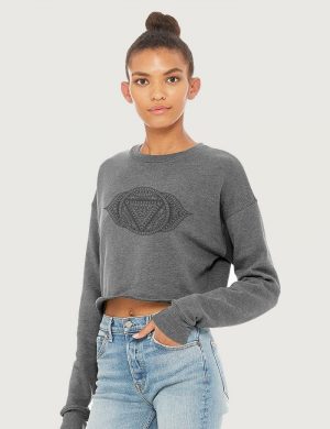 Ajna third Eye Chakra Crop Yoga Sweater Grey Heather Model