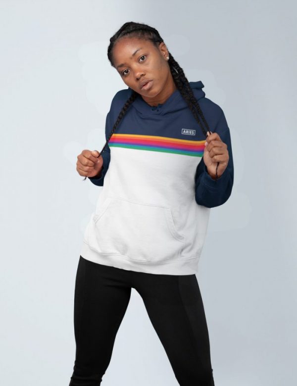 All star Signs Retro Rainbow Hoodie Sweater Model is wearing Aries Rainbow