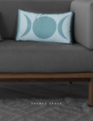 Sacred Space Boho Goddess Moon Throw Pillow Dusty Blue on Couch